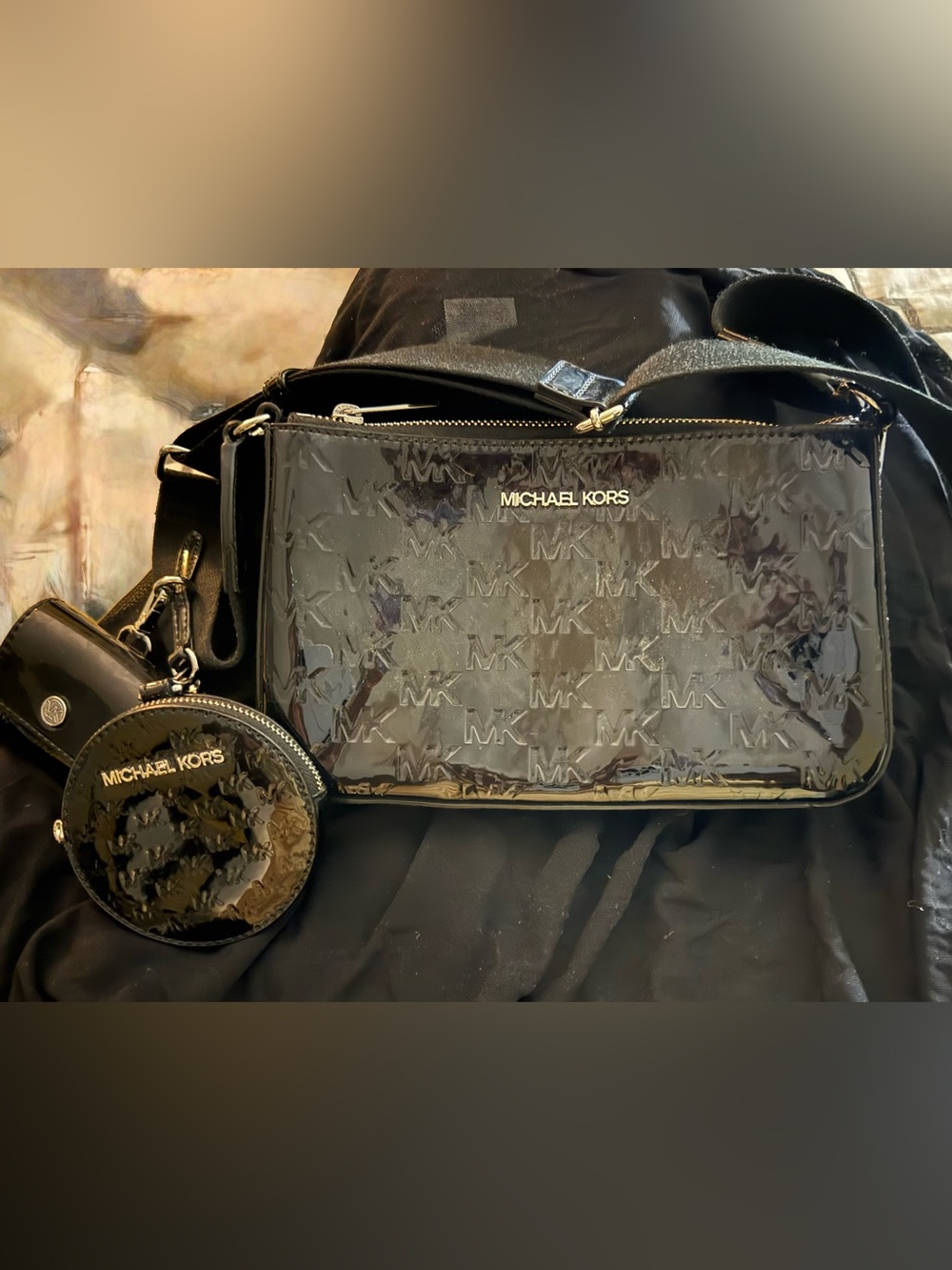 Michael Kors Black Patent MK Logo Crossbody with Coin Pouch